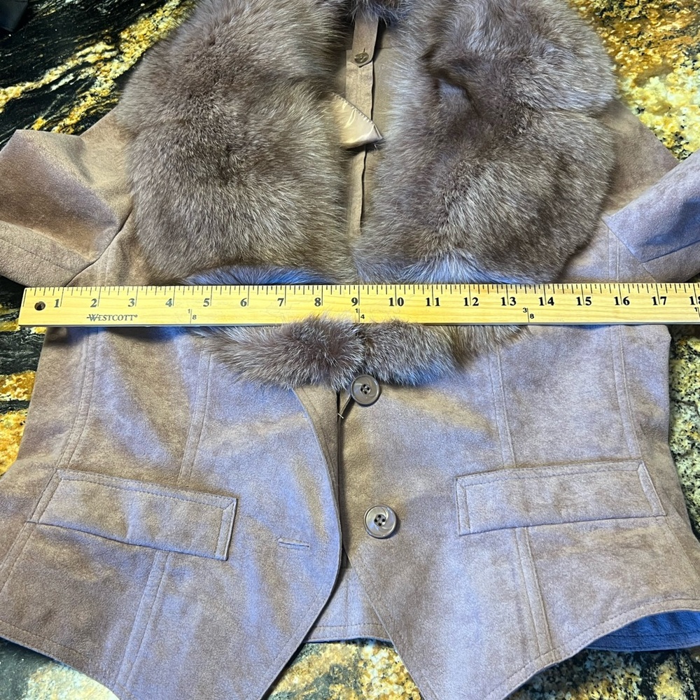 Saks Fifth Avenue Taupe Suede Blazer with Fur Collar - Picture 9 of 13